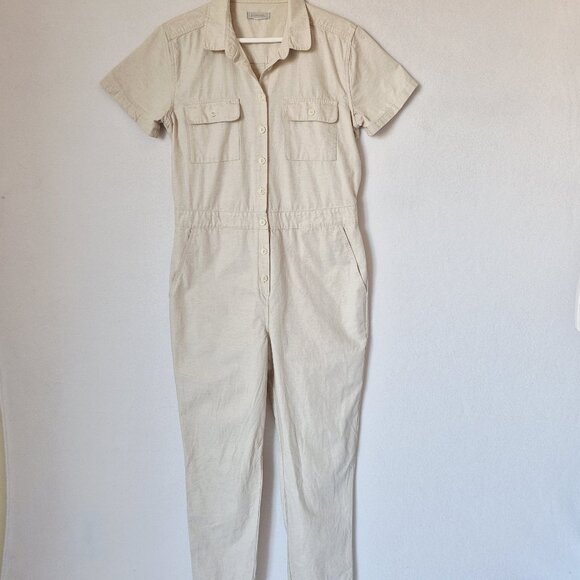 Outerknown S.E.A. Sea Jumpsuit Organic Cotton Linen Blend Button Natural Beige - Picture 2 of 14